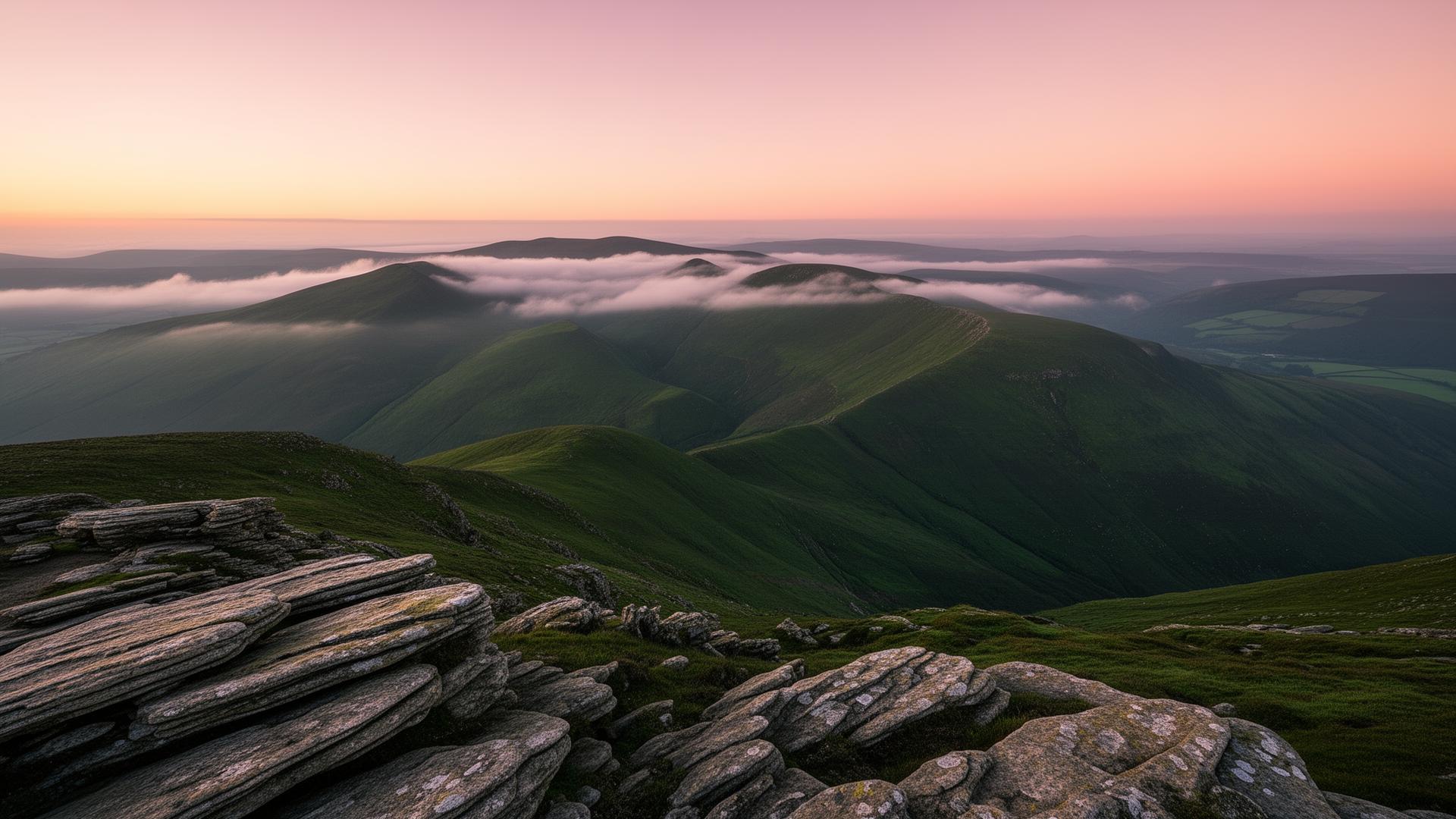 Mist over deep green mountains at sunrise